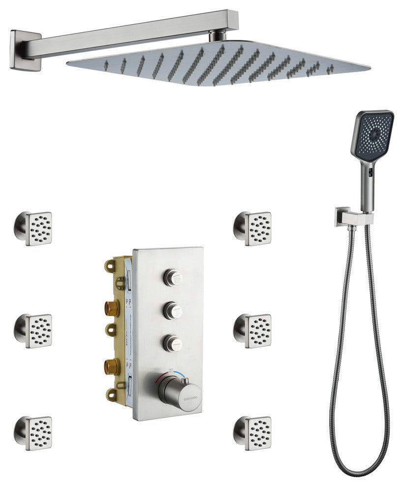 3 Functions 12 Inch Wall Mount Thermostatic Shower System, Brushed Nickel