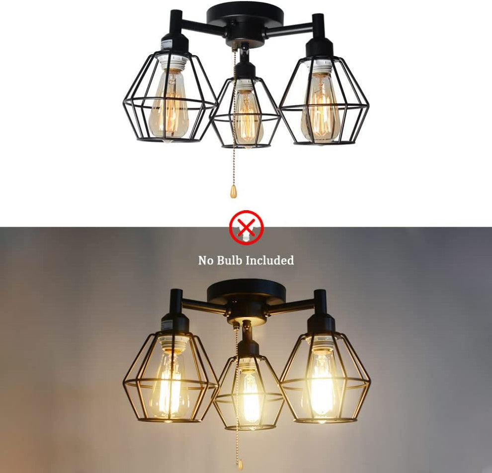 3 Light Industrial Pull Chain Ceiling Light Fixture, Black Cage Flush Mount