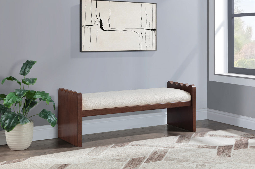 Sonia Upholstered Bench, Cream, Velour Fur Fabric, Brown Finish