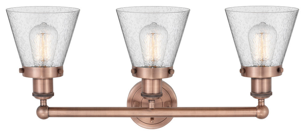 Edison Small Cone 3-Light 25" Vanity Light, Antique Copper Finish, Seedy Shade