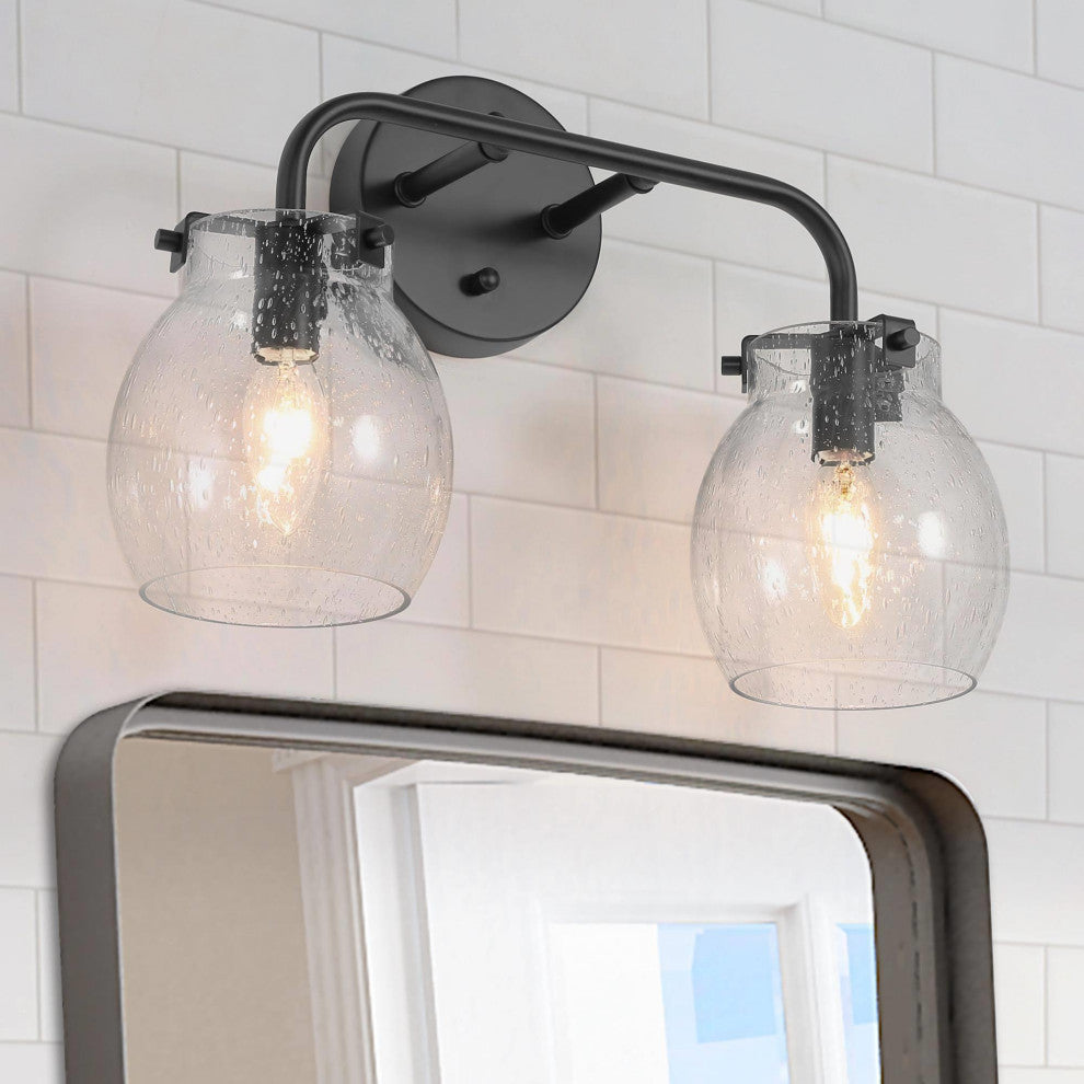 LALUZ 2 Light Matte Black Modern Bathroom Vanity Light with Globe Seeded Glass