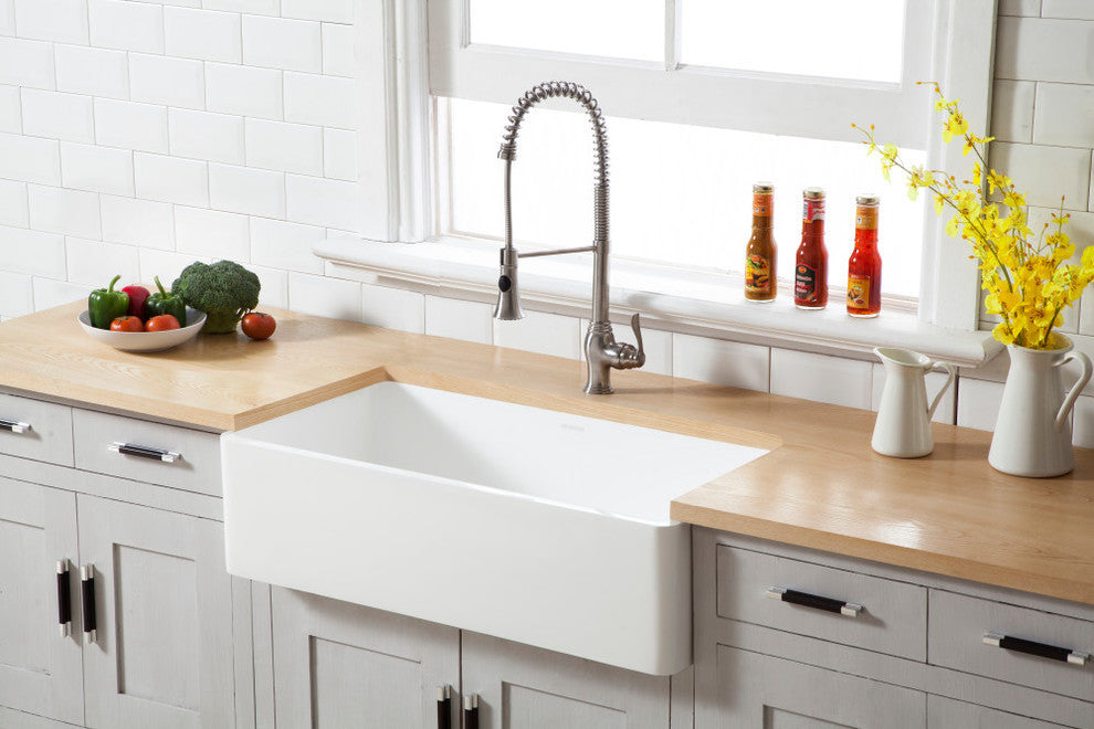 Solid Surface White Stone Front Farmhouse Single Bowl Kitchen Sink, Matte White