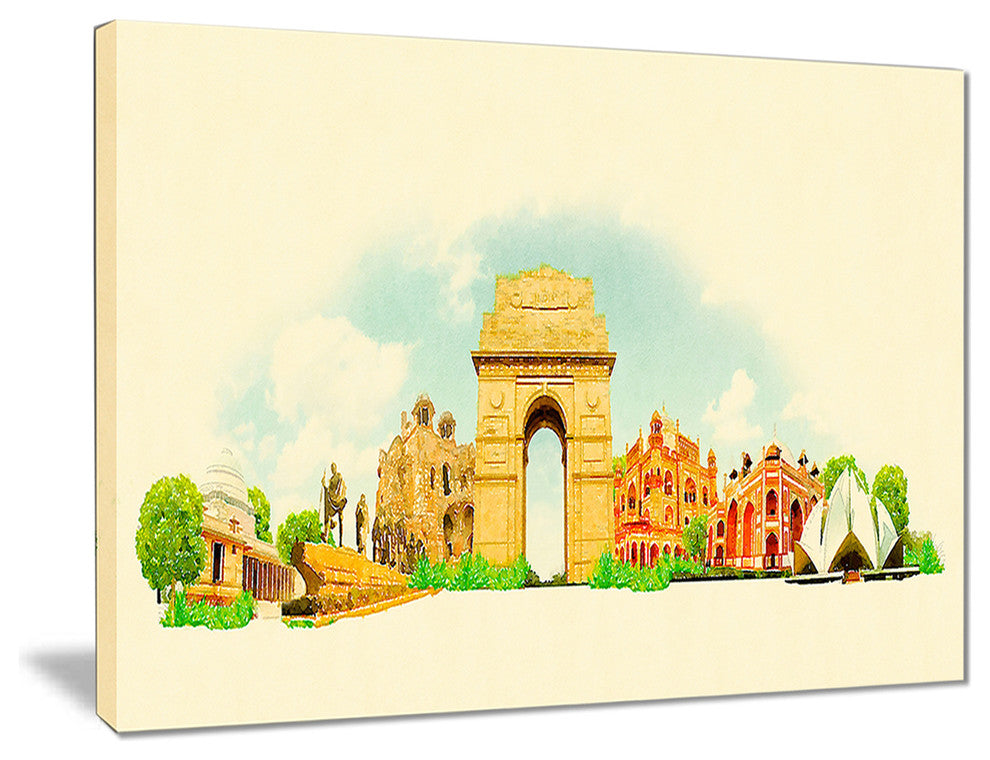 "Delhi Panoramic View" Cityscape Watercolor Canvas Print, 20"x12"