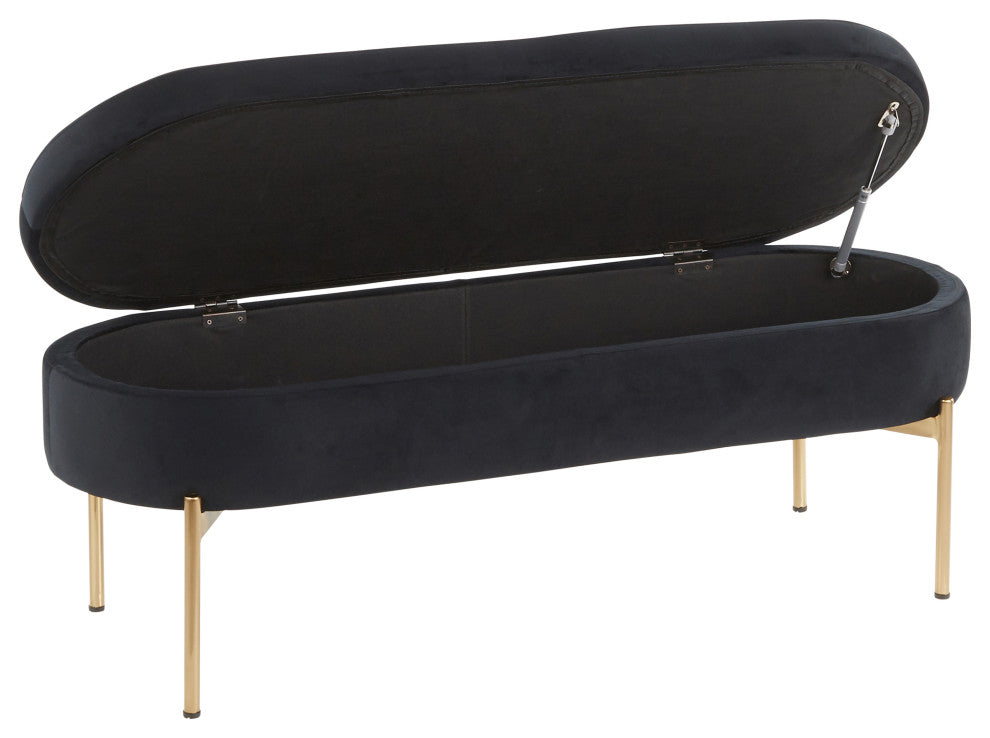 Chloe Contemporary/Glam Storage Bench, Gold Metal/Black Velvet