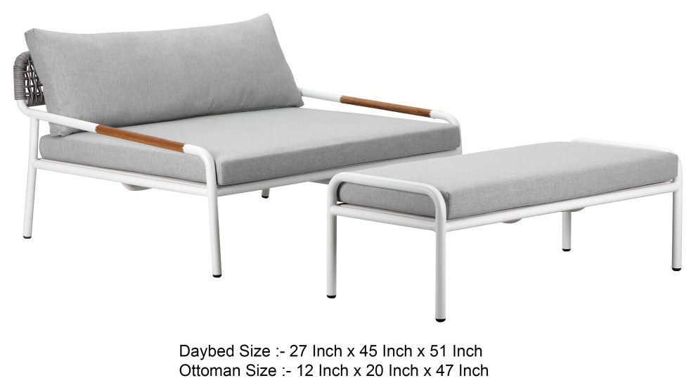 Benzara BM287796 Outdoor Daybed Set, Classic White Aluminum Frames, Ottoman