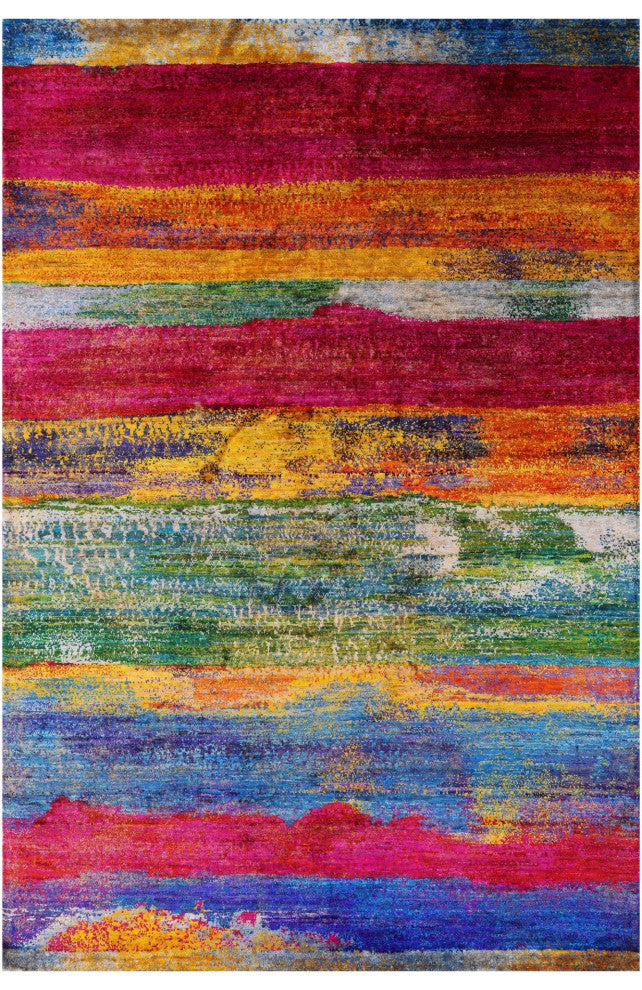 Abstract Hand-Knotted Silk Rug 5' 5" X 8' 2" - Q13093