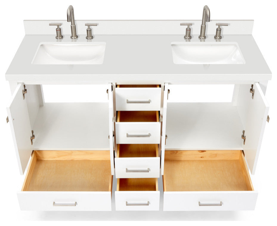 ARIEL Cambridge 61" Double Rectangle Sink Bathroom Vanity White With Quartz Top