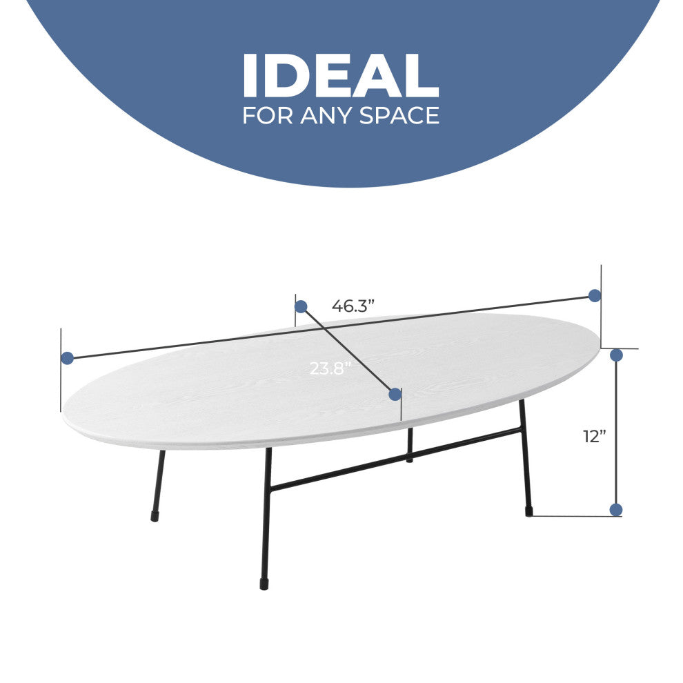 LeisureMod Rossmore Oval Coffee Table with Black Steel Frame, White