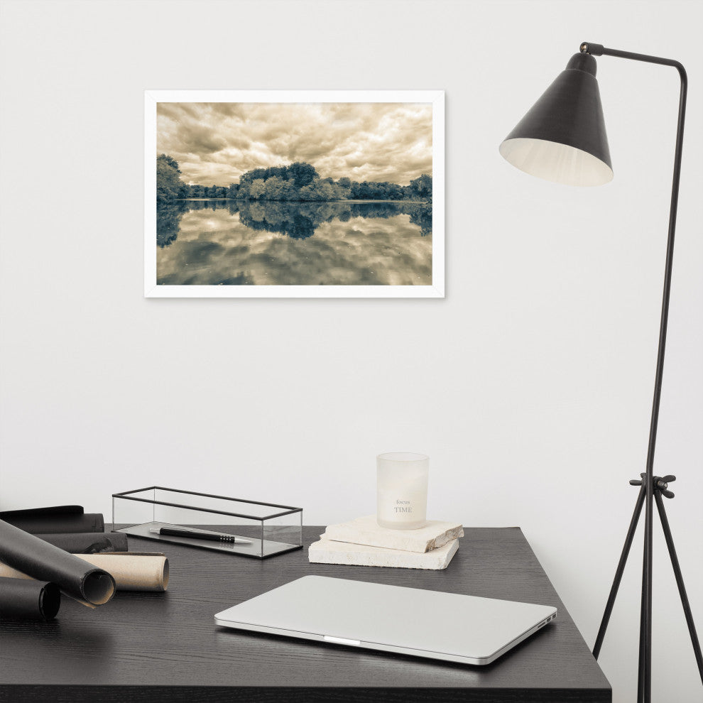 Autumn Reflections Rural Landscape Sepia Framed Photo Paper Wall Art Prints, White, 12" X 18"