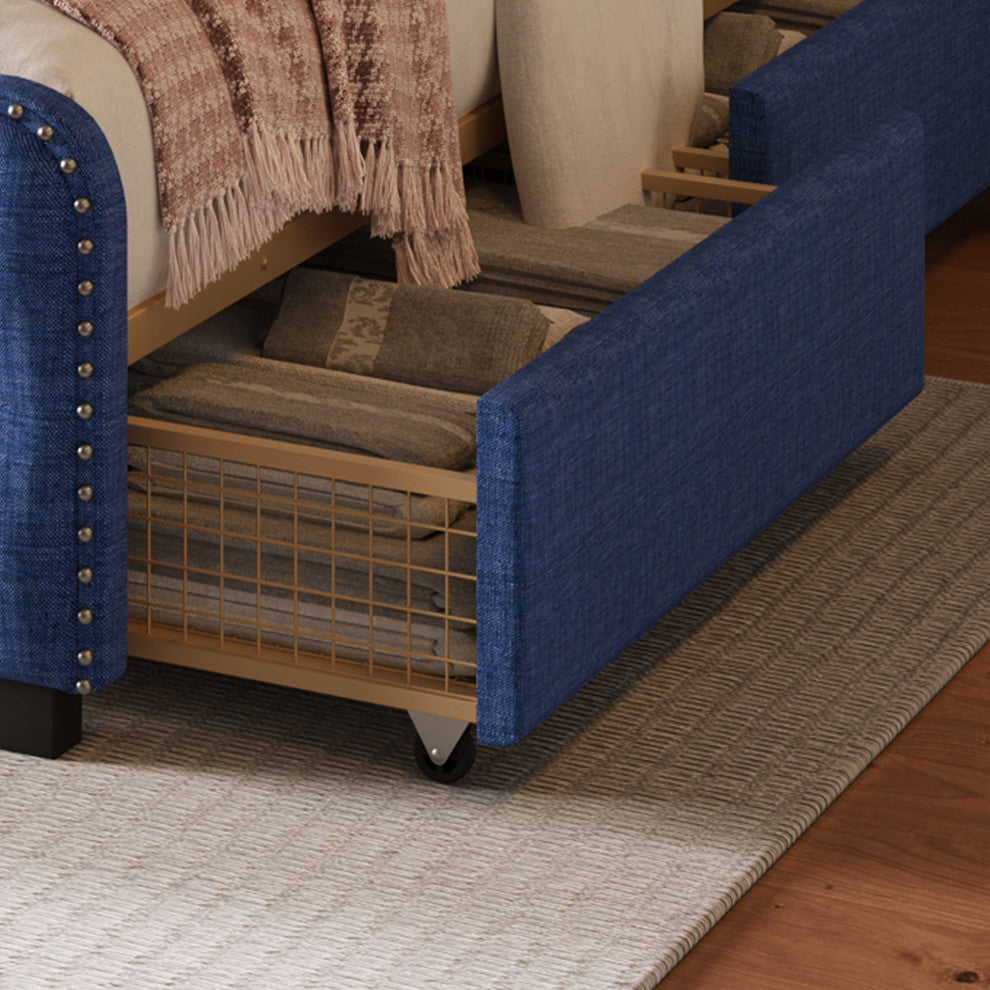 Metal Platform Bed with Headboard, Upholstered and 4-Drawer, Blue, 84.6" X 79.5"