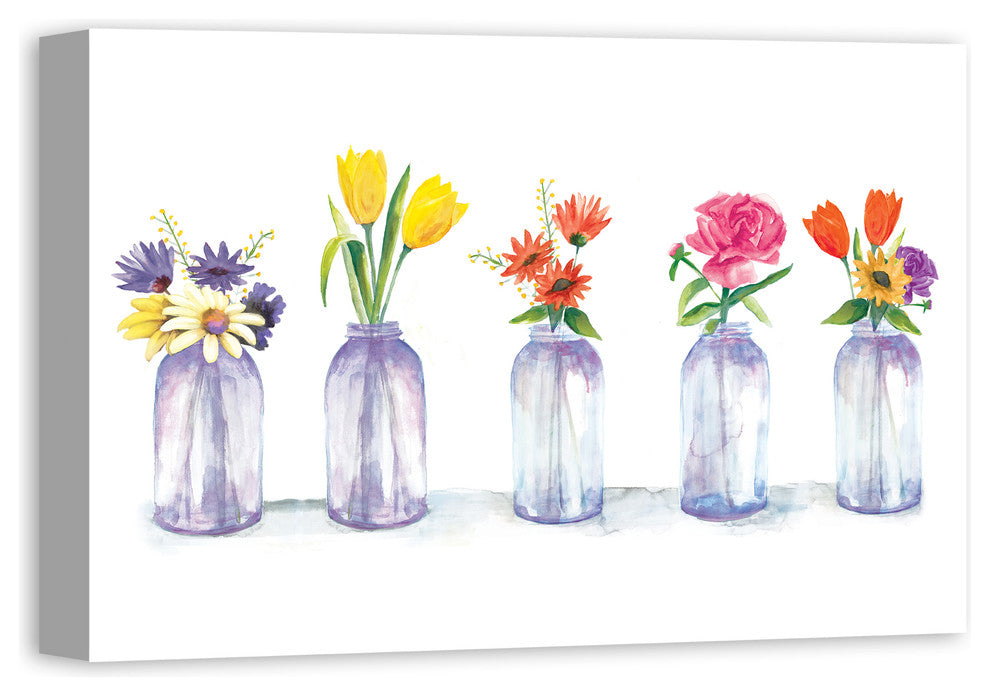 Painted Flowers in Glass Jars Print 16x24 Canvas Wall Art