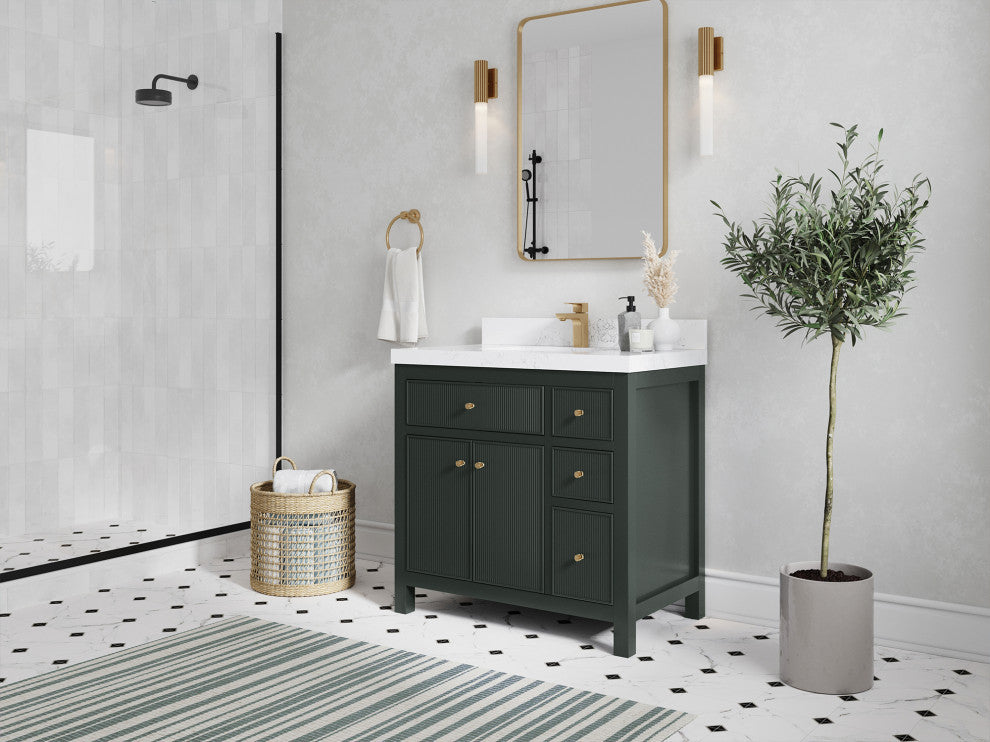 Sonoma 36 Center Sink Reeded Bath Vanity in Dark Forest Green 2" Carrara Quartz