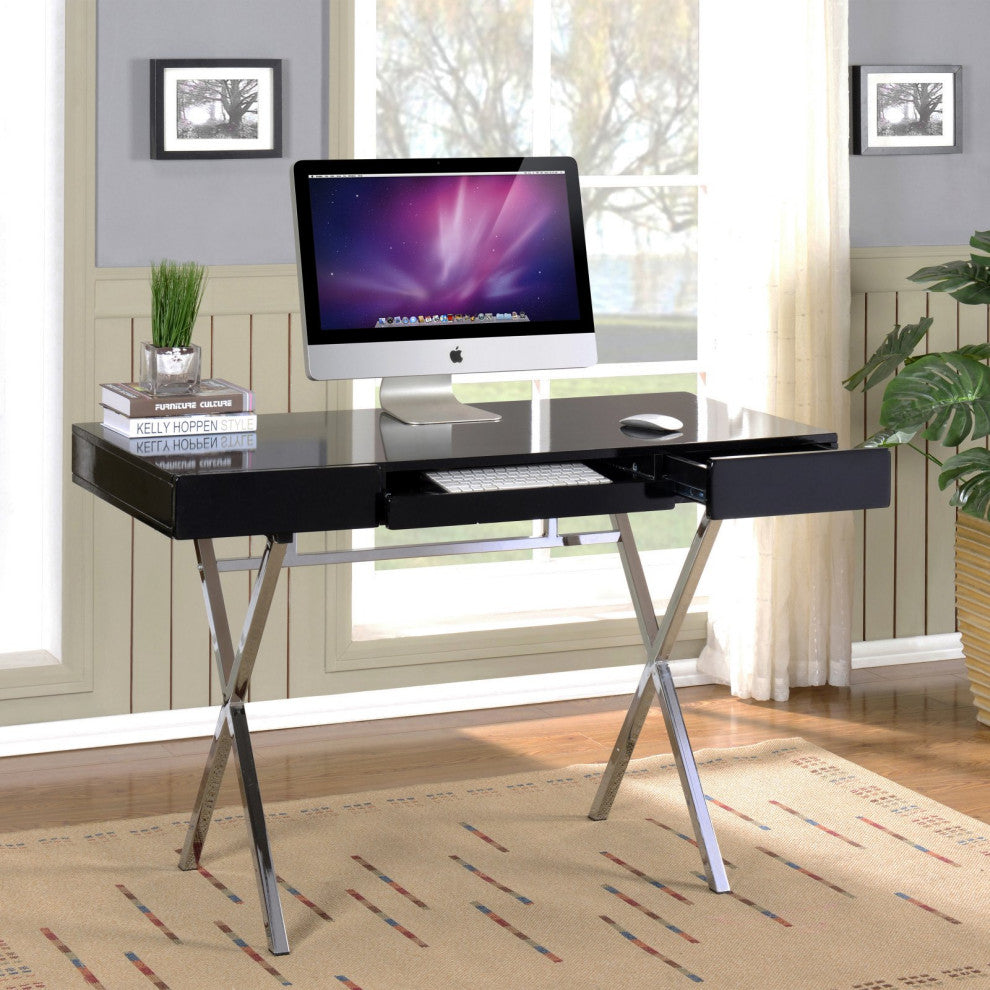 Modern Desk, X-Shaped Chrome Legs With Handless Drawers & Keyboard Tray, Black