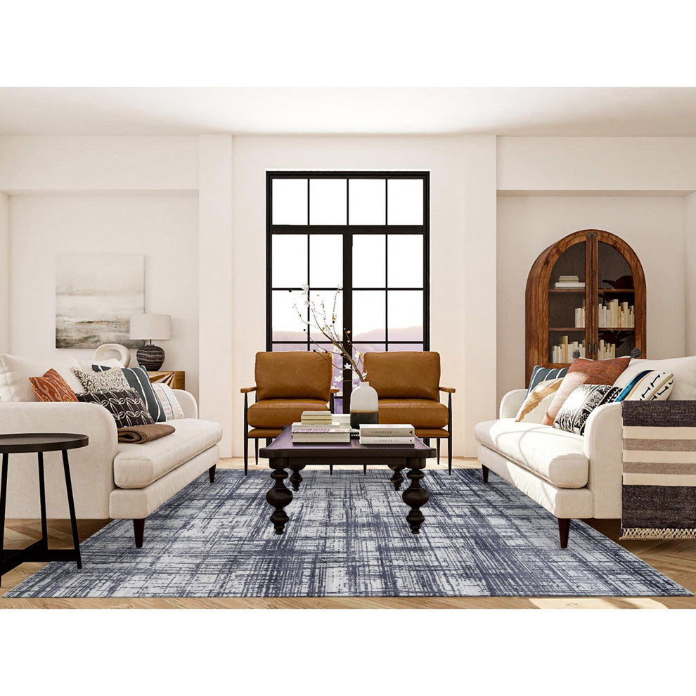 Black Hand Loomed Modern Erased Lines Design Wool and Silk Rug 7'10" x 10'0"