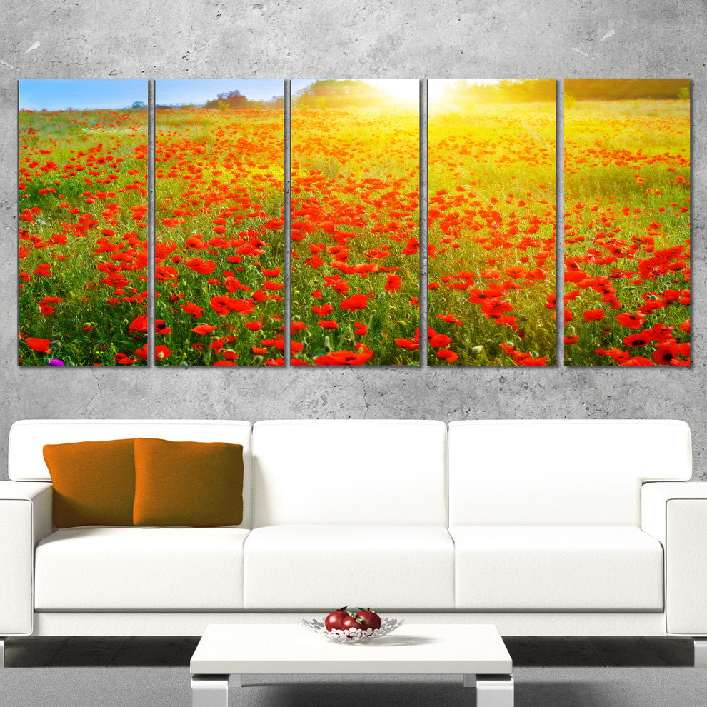 Beautiful Sunshine over Poppy Fields, Floral Canvas Art print, 60"x28", 5 Panels