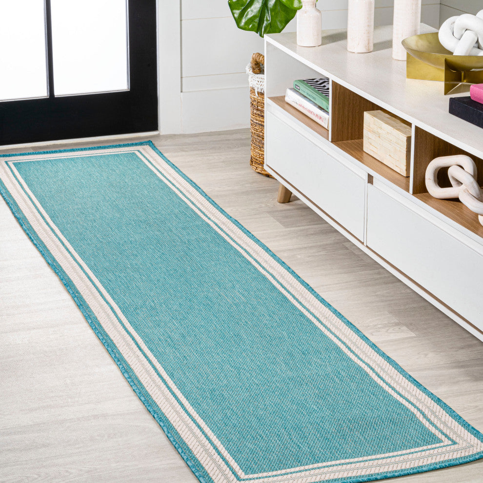 James Modern Border Stripe Indoor/Outdoor Area Rug, Aqua/Beige, 2x8