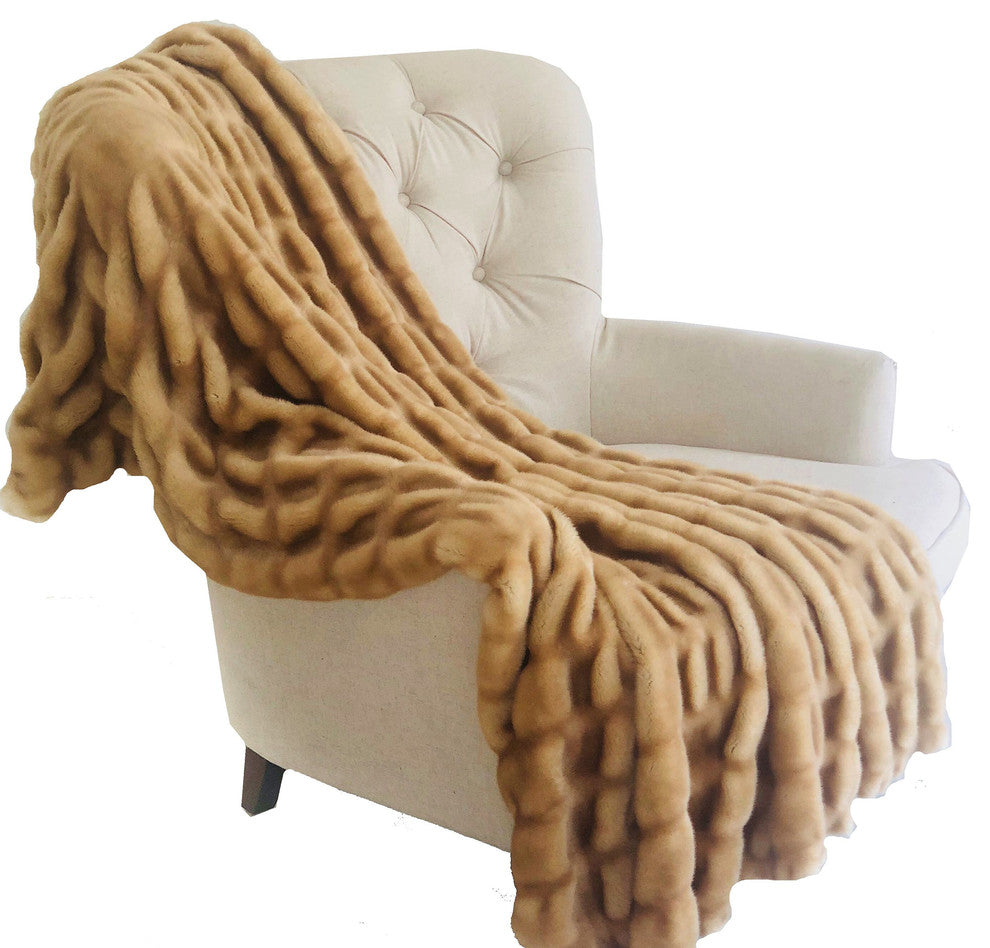 Plutus Beige Tissavel Mink Faux Fur Handmade Luxury Throw