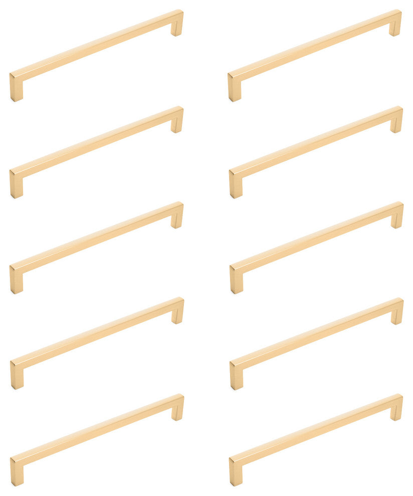 10 Pack Diversa Solid Square Edge Brushed Gold Drawer Pulls, 7-1/2", 192mm Hole