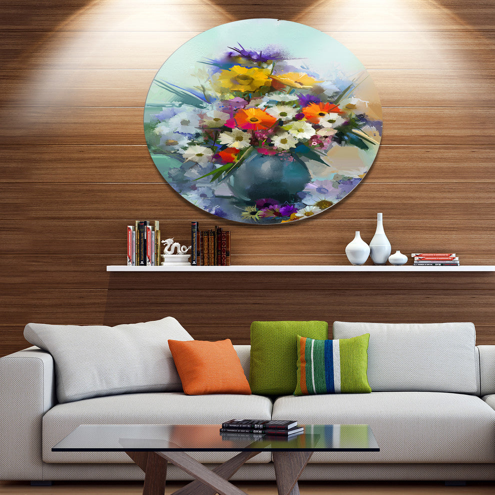 Hand-Painted Bunch Of Small Flowers, Floral Disc Metal Wall Art, 23"