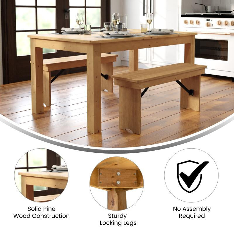 60" x 38" Rectangular Solid Pine Farm Dining Table, Light Natural