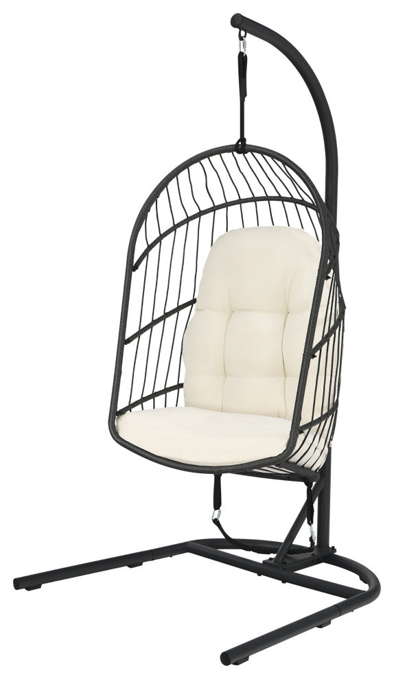 Costway Hanging Wicker Egg Chair w/ Stand Cushion Foldable Outdoor Indoor Beige