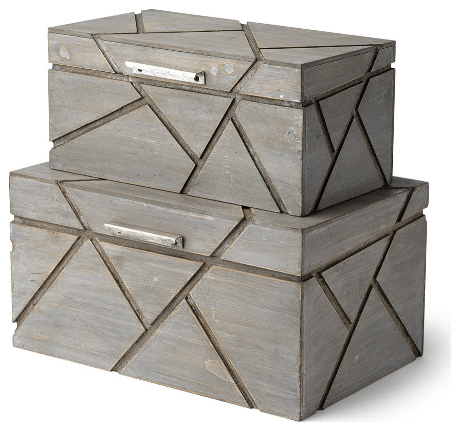 Set of Two Gray Wooden Boxes With Carved Details