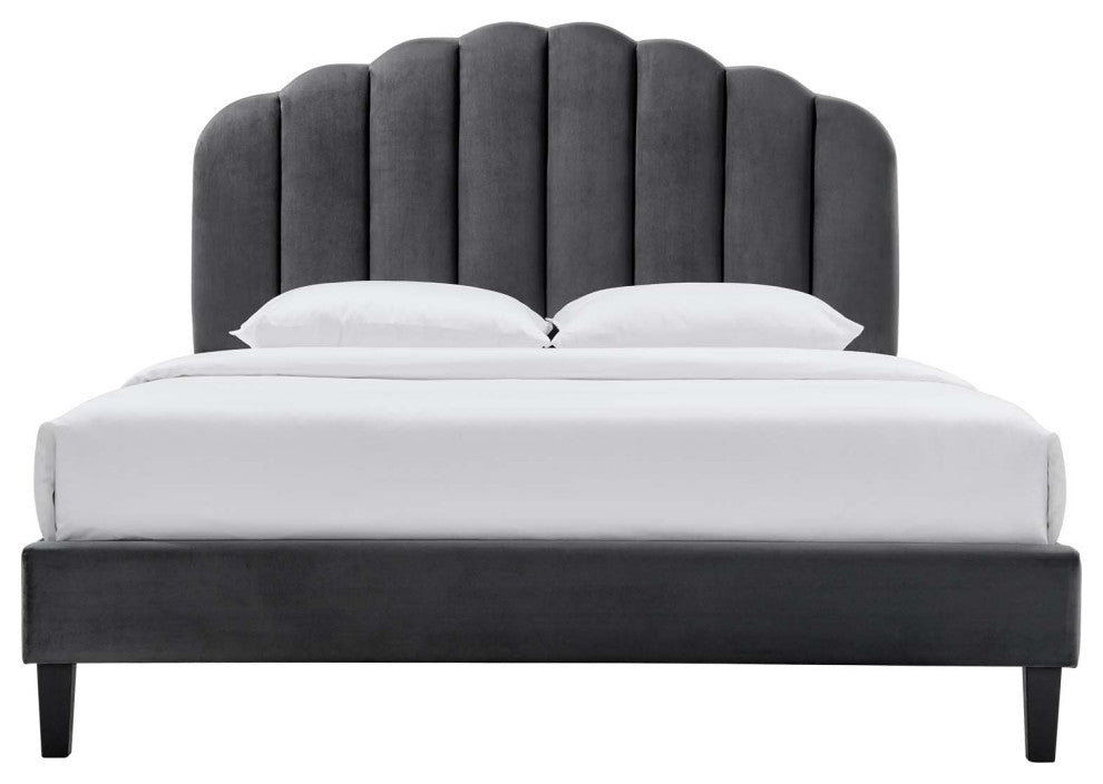 Platform Bed Frame, Queen Size, Charcoal Gray, Velvet, Modern, Guest Suite