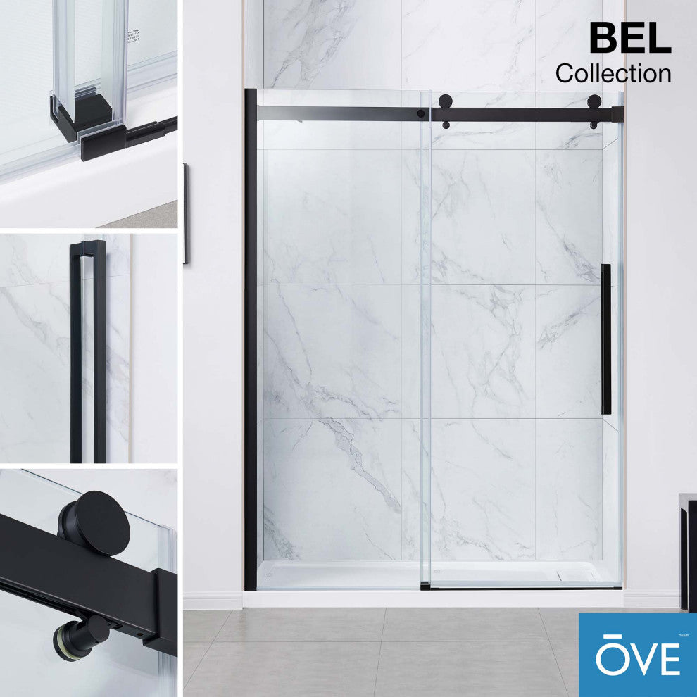 Bel Soft-Close Frameless Sliding Soft Close Shower Door, Matte Black, 60"