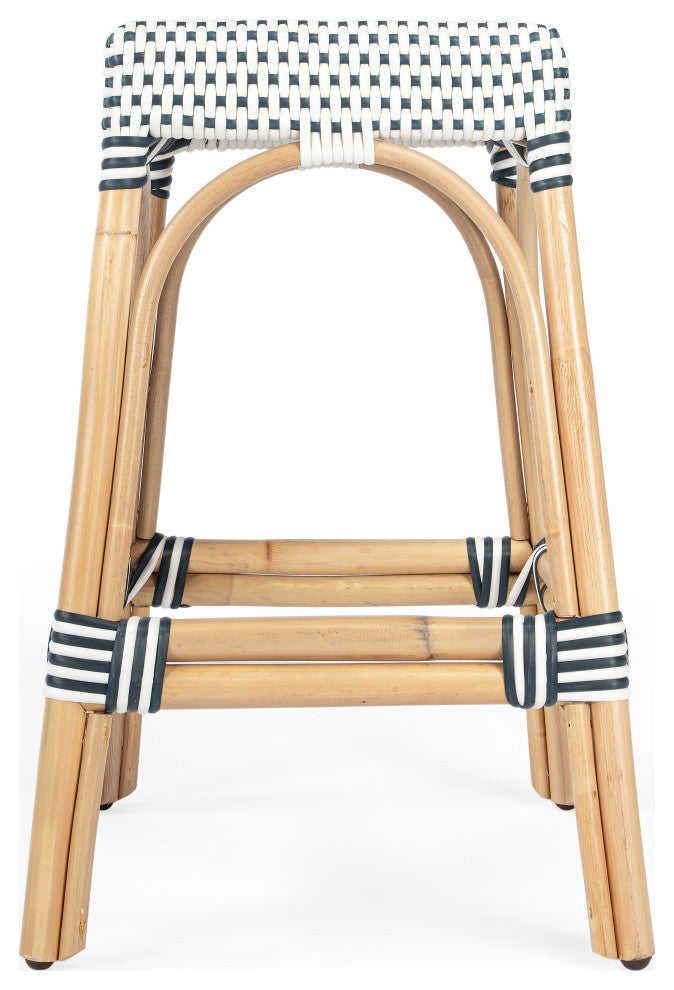 Robias Rectangular Rattan 24.5" Counter Stool, Navy and White