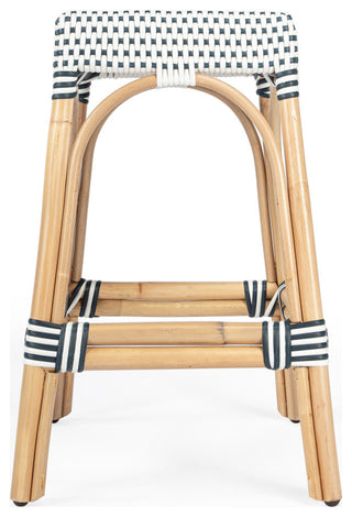 Robias Rectangular Rattan 24.5" Counter Stool, Navy and White