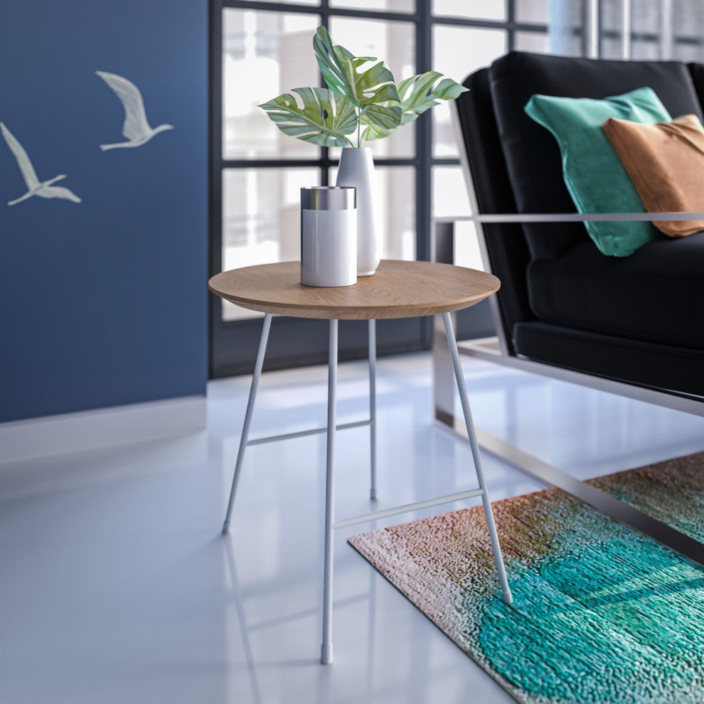 LeisureMod Rossmore Modern Round Side Table With White Steel Frame, Natural Wood