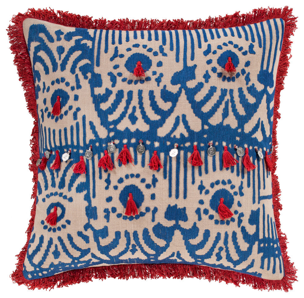 Surya Walai WLA-003 20"x20" Pillow Cover, Red/Ivory/Dark Blue/Khaki