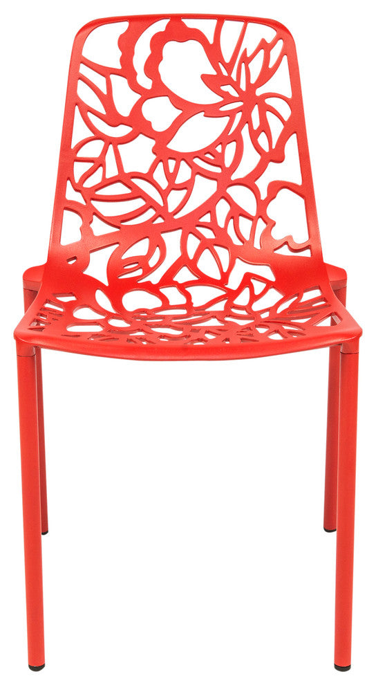 LeisureMod Devon Modern Outdoor Stackable Aluminum Dining Chair, Set of 4, Red