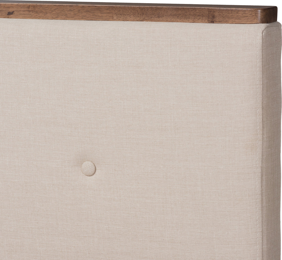Bella Light Beige Fabric and Walnut Brown Finished Wood Queen Size Platform Bed