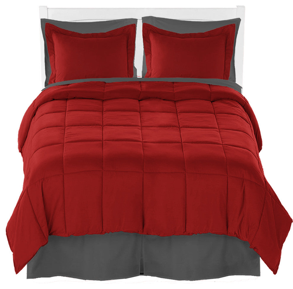 Comforter, Sheet, and Bed Skirt, Red, Gray, Gray, Split Queen
