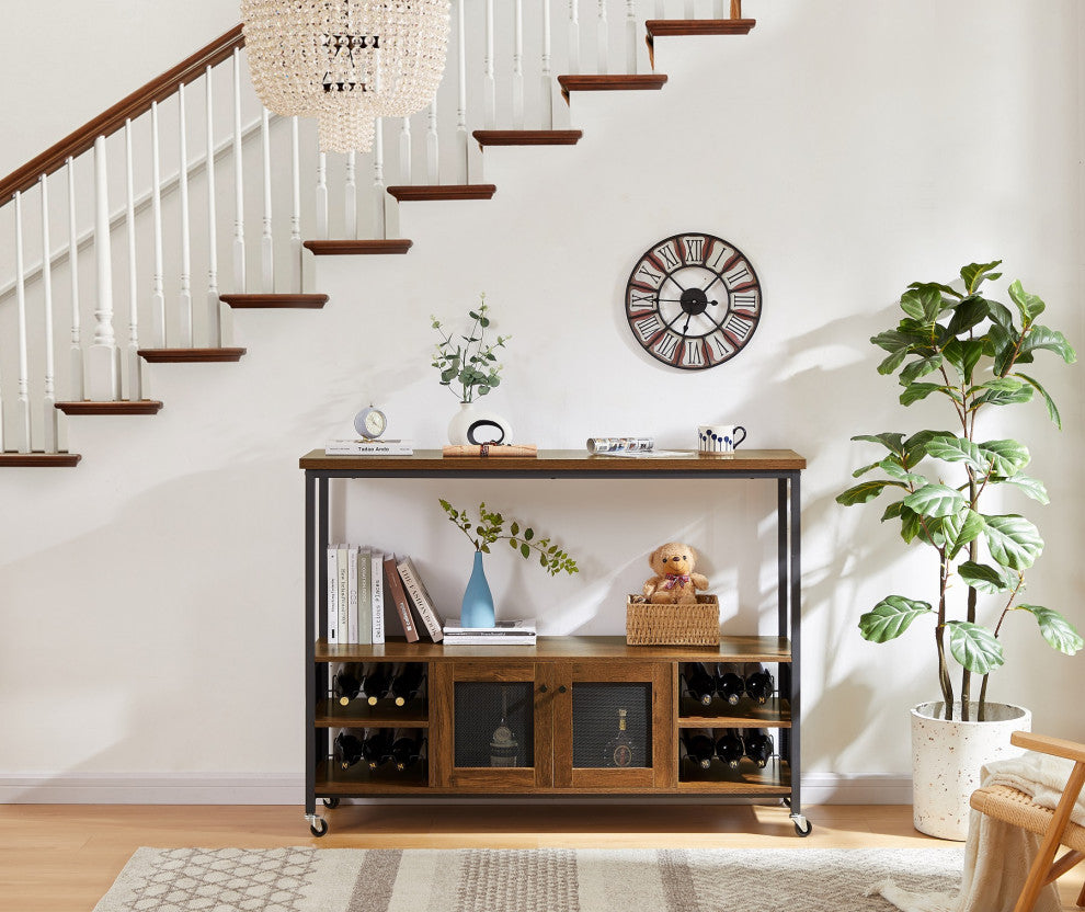 Multi-function Wine Shelf Table, Modern Wine Bar Cabinet Hazelnut Brown
