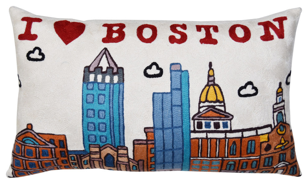Lumbar Boston Decorative Pillow Cover Hand Embroidered Wool 14x24