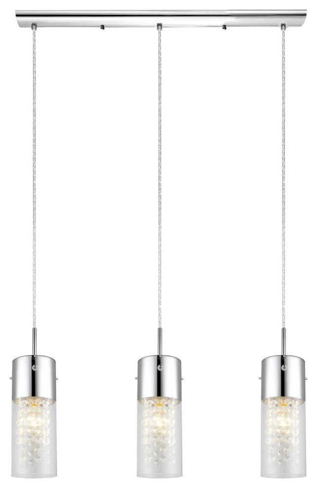 3x60W Multi Light Pendant, Chrome Finish & Clear Glass, Crystal Strands