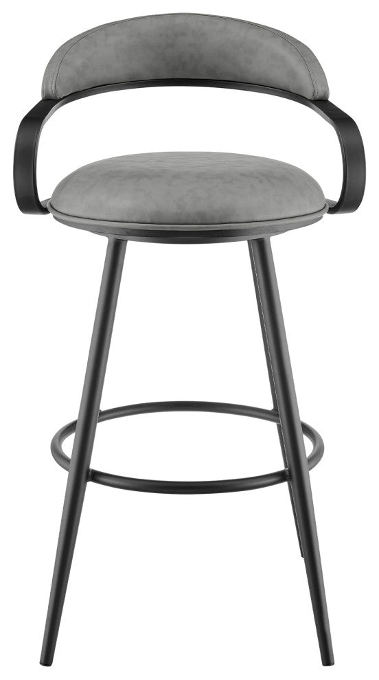 Gardenia Swivel Stool With Black Iron Frame and Faux Leather, Vintage Gray, Bar Height