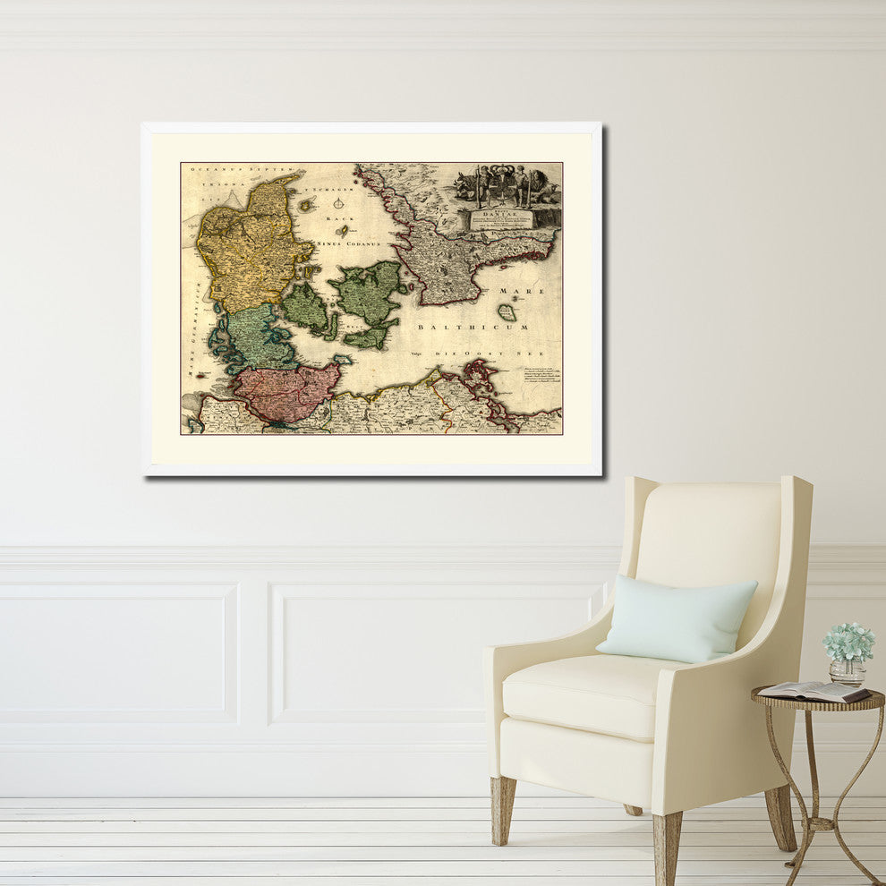 Denmark Centuries Old Map Print On Canvas With Frame Art Collection 16" X 21"