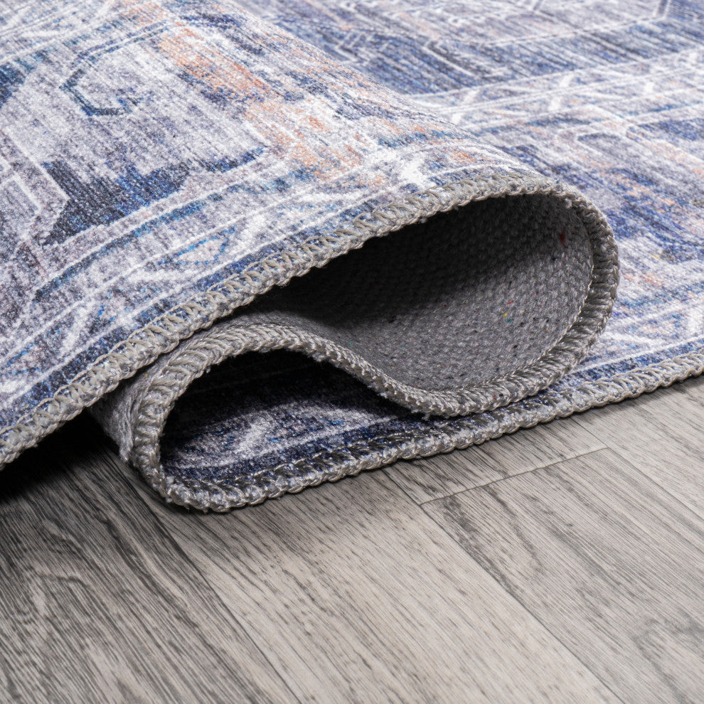 Alanya Ornate Medallion Machine Washable Indoor Area Rug, Navy/Cream, 4 X 6