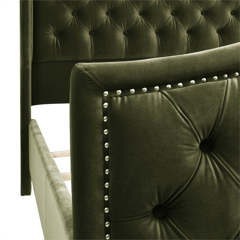 Marcella Upholstered Tufted Shelter Wingback Panel Bed, Olive Green Performance Velvet, Queen