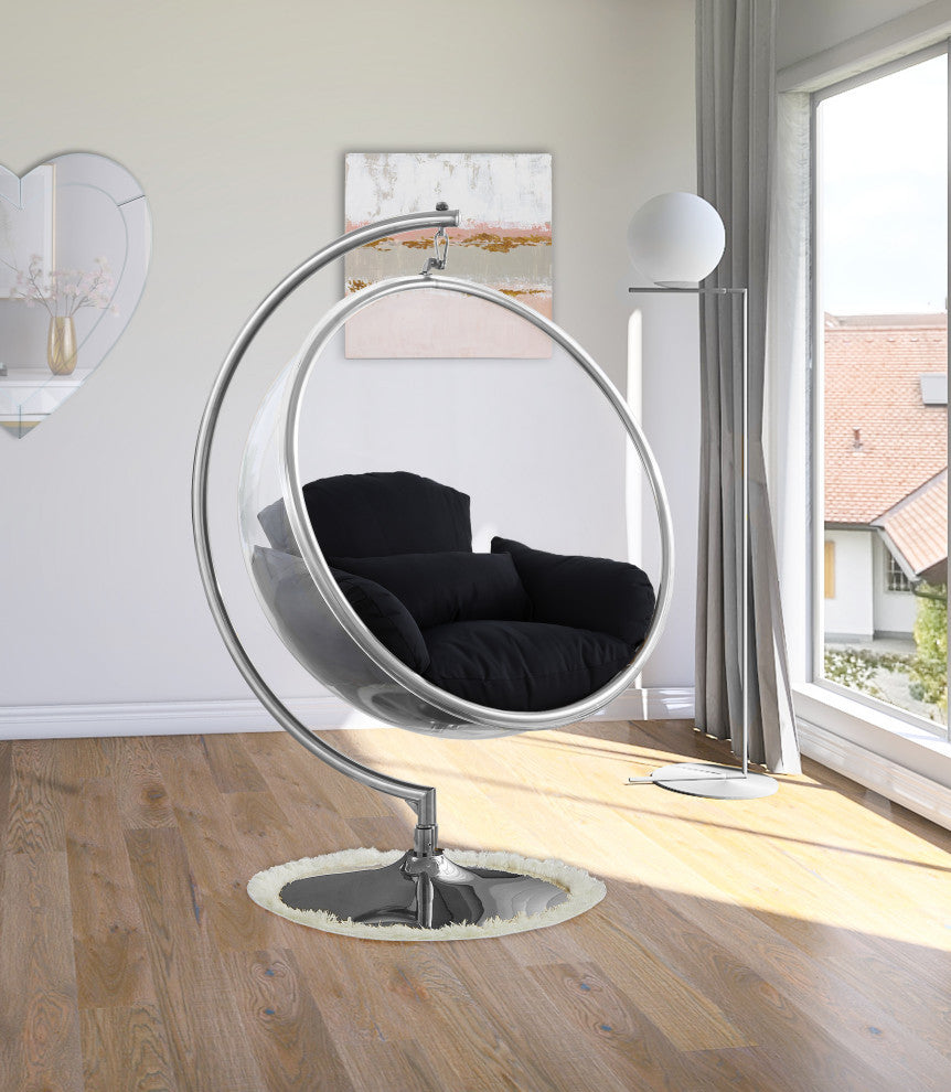 Luna Metal Acrylic Swing Bubble Accent Chair With Stand, Black, Chrome Base