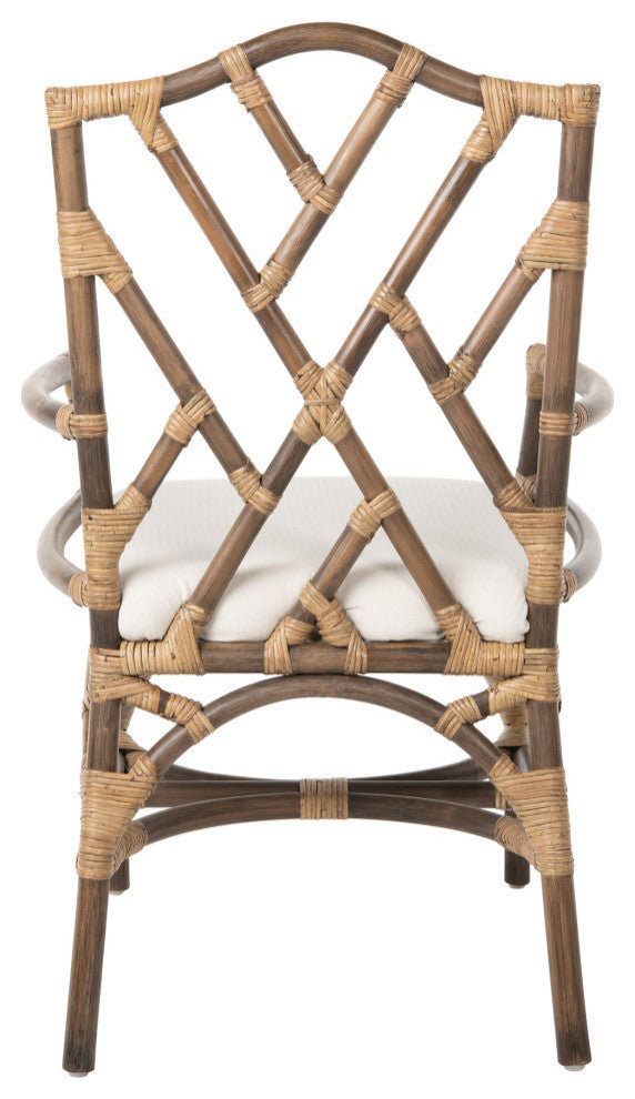 Rattan Chippendale Upholstered Dining Armchairs, Antique Brown, Set of 2