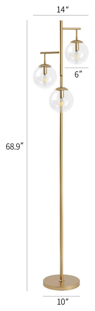 3-Light Gold Tree Floor Lamp with Glass Globe Shades, Clear Glass Shades
