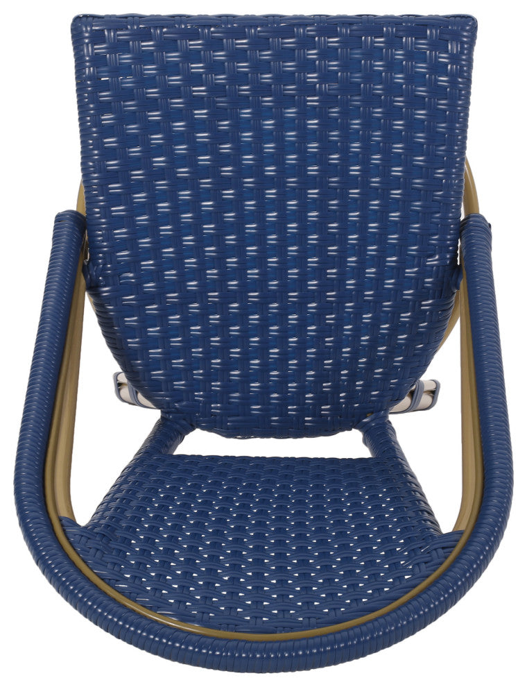 Cotterell Outdoor French Wicker and Aluminum 29.5" Barstools, Set of 4, Navy Blue/Bamboo Finish