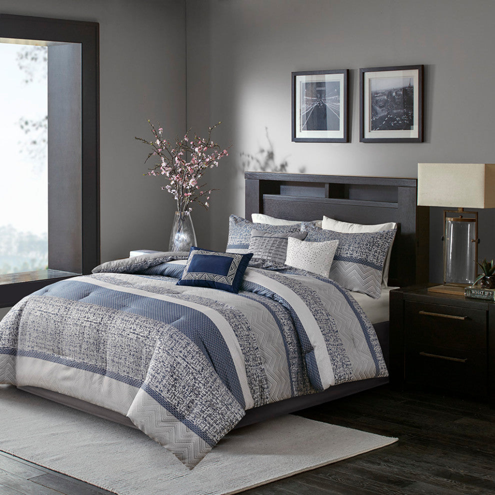 Madison Park Rhapsody Jacquard Stripe Mosaic 7-Piece Comforter Set, Navy Blue