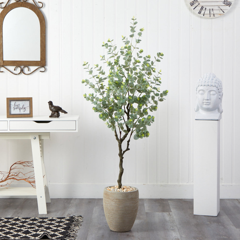 5'' Eucalyptus Artificial Tree, Sandstone Planter