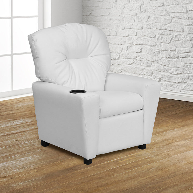 Contemporary White Vinyl Kids Recliner With Cup Holder