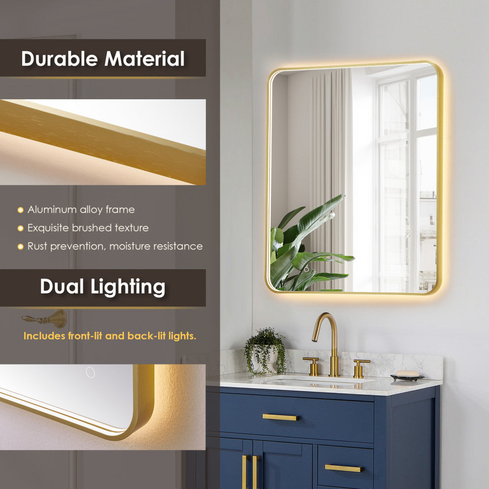 Dazzle Rectangular Bathroom/Vanity LED Lighted Wall Mirror, Brushed Gold, 36"